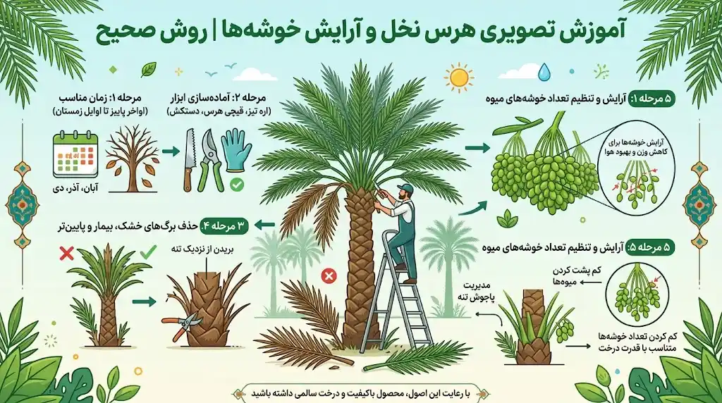 آموزش تصویری هرس نخل و آرایش خوشه‌ها | روش صحیح