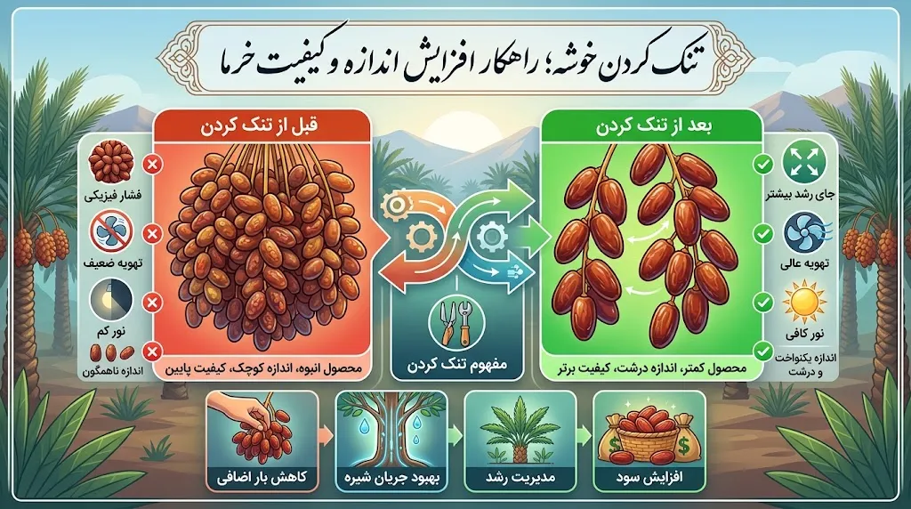 تنک کردن خوشه؛ راهکار افزایش اندازه و کیفیت خرما