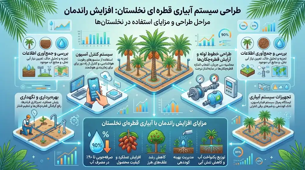 طراحی سیستم آبیاری قطره ای نخلستان؛ افزایش راندمان